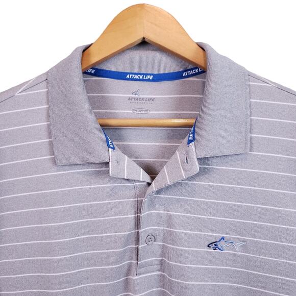Greg Norman Men's Attack Life Golf Polo Shirt Size Large Gray/White Stripe - Picture 3 of 13